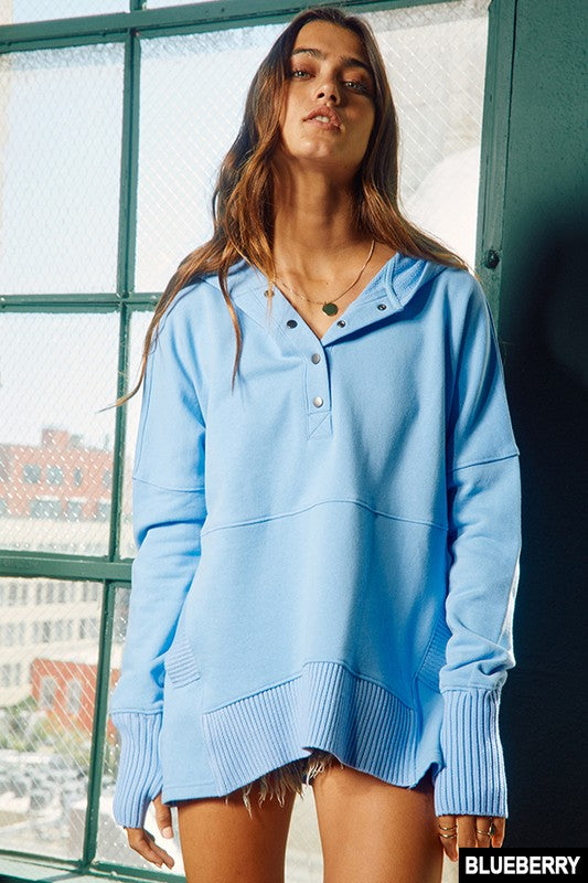 BUCKET LIST Women's Top BLUEBERY / S Washed French Terry Oversized Solid Hoodie || David's Clothing IT1160B