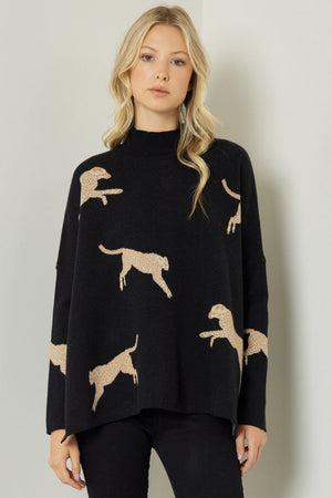 ENTRO INC Women's Sweaters BLACK / S Cheetah Print Knit Sweater || David's Clothing T19499