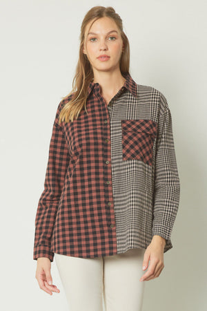 ENTRO INC Women's Top CAMEL BR / S Mixed Checkered Print Flannel Top || David's Clothing T18898