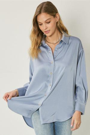 ENTRO INC Women's Top CHAMBRAY / S Satin Button Up Collared Top || David's Clothing T18724A