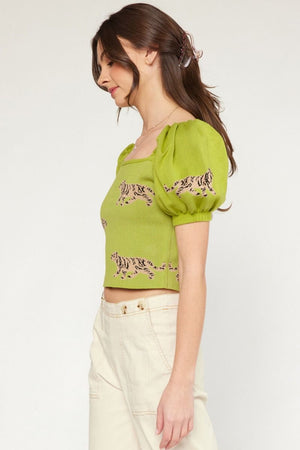 ENTRO INC Women's Top Cheetah Square Neck Puff Sleeve Crop Top || David's Clothing