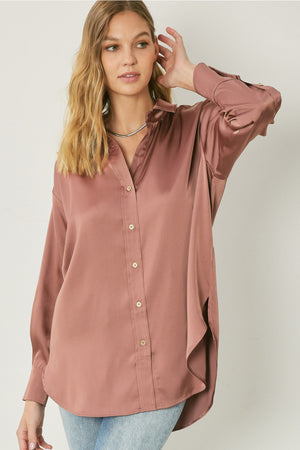 ENTRO INC Women's Top COCOA / S Satin Button Up Collared Top || David's Clothing T18724A