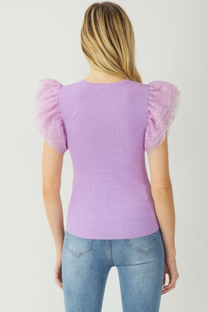 ENTRO INC Women's Top Embroidered Mesh Ruffle Sleeves Top || David's Clothing