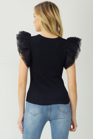 ENTRO INC Women's Top Embroidered Mesh Ruffle Sleeves Top || David's Clothing