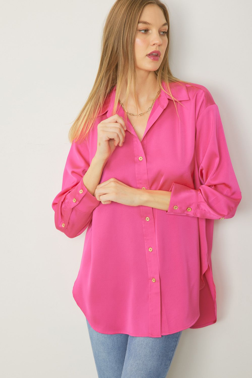 ENTRO INC Women's Top HOT PINK / S Satin Button Up Collared Top || David's Clothing T18724A
