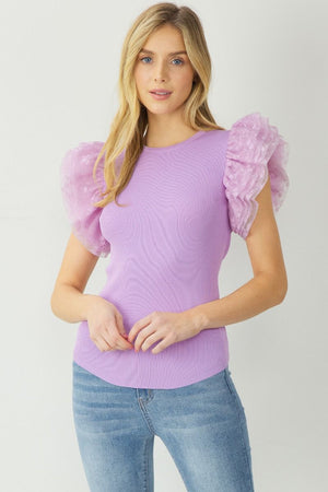ENTRO INC Women's Top LAVENDER / S Embroidered Mesh Ruffle Sleeves Top || David's Clothing T19926