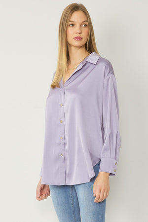ENTRO INC Women's Top LAVENDER / S Satin Button Up Collared Top || David's Clothing T18724A