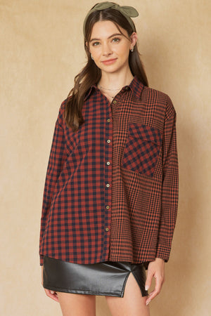 ENTRO INC Women's Top Mixed Checkered Print Flannel Top || David's Clothing