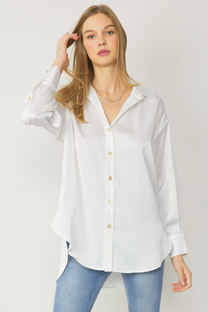 ENTRO INC Women's Top OFFWHITE / S Satin Button Up Collared Top || David's Clothing T18724A