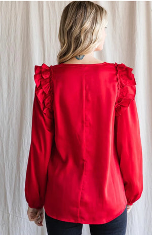 JODIFL Women's Top Solid Satin Long Bishop Sleeve top || David's Clothing