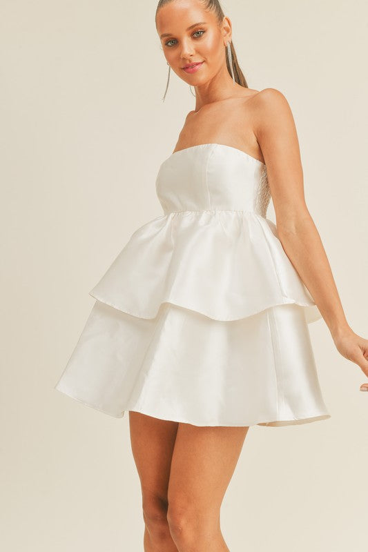Klesis Women's Dresses CREAM / S Strapless Two-Tier Ruffle Mini Dress || David's Clothing ID5980
