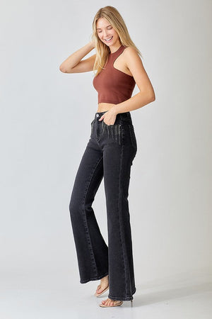Risen Jeans Women's Jeans Risen Jeans High Rise Embellished Wide Flare Jeans || David's Clothing