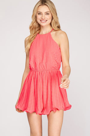 SHE AND SKY Women's Romper CORAL PINK / S Sleeveless Pleated Checkered Romper || David's Clothing SY4098