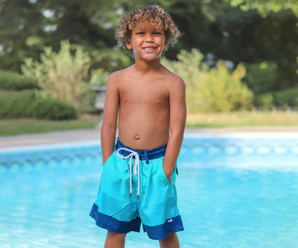 SOUTHERN MARSH COLLECTION Boy's Shorts BLUE TEAL / YS Southern Marsh Youth Harbor Trunk - Horizon Stripe || David's Clothing YSHHSBLTL