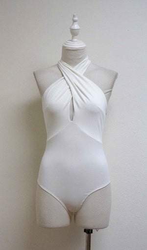 TCEC Women's Top WHITE / S Keyhole Halter Bodysuit || David's Clothing CT7909