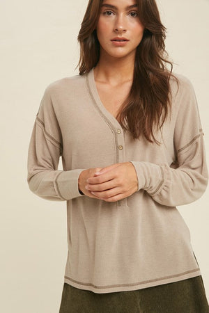 WISHLIST Women's Top Ribbed Slub Button-Up Top With Stitch Detail || David's Clothing